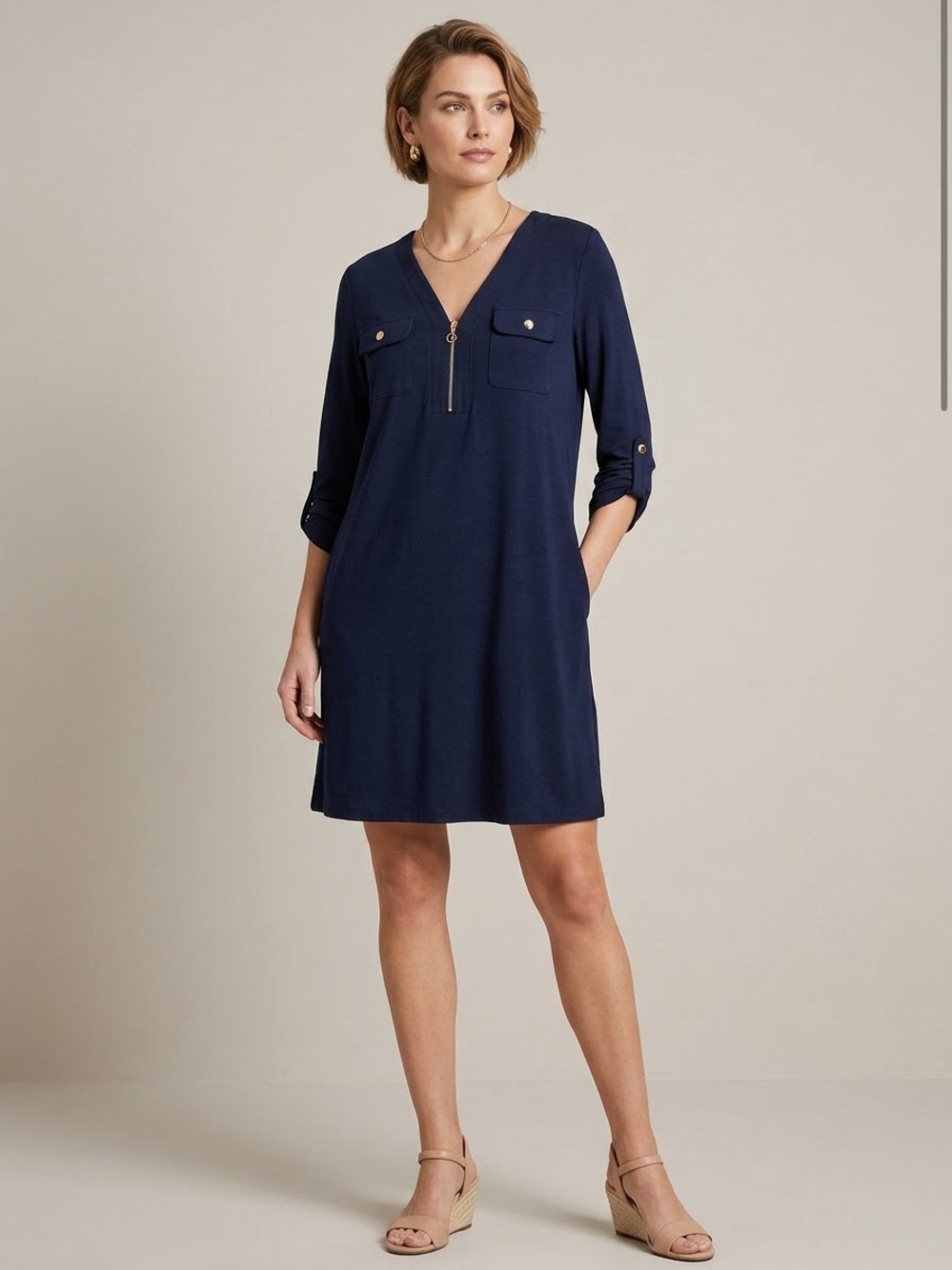 Emma & Michele Navy Half-Zip V-Neck with Pockets